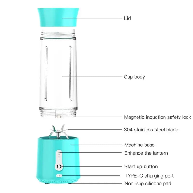 Taigh-Portable Electric Blender Mini Handheld Fruit Mixer with 6 Blades Personal USB Rechargeable Juices Cup 500ML
