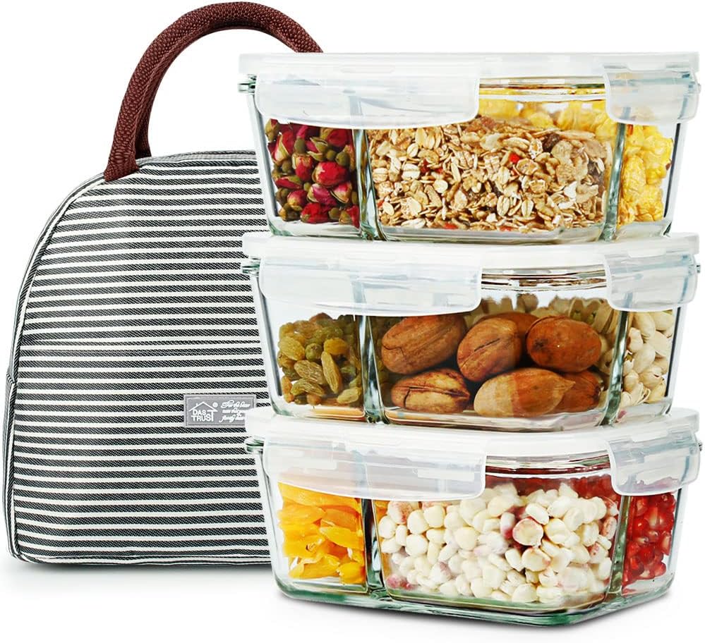 3 Pack 36Oz Bento Box Glass Meal Prep Containers with 3 Compartments, Glass Food Storage Containers with Lids, Meal Prep Bowls, Lunch Box, Oven & Microwave Safe