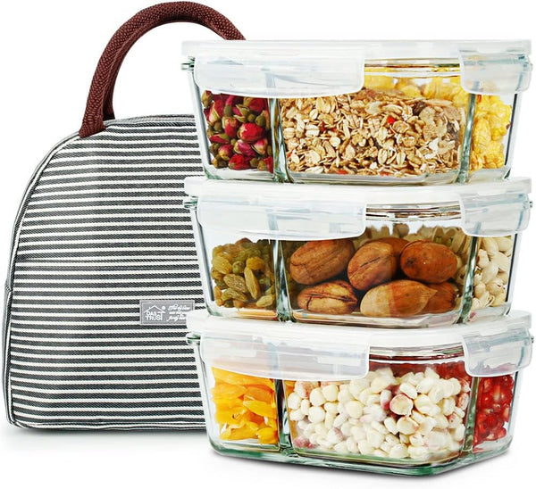 3 Pack 36Oz Bento Box Glass Meal Prep Containers with 3 Compartments, Glass Food Storage Containers with Lids, Meal Prep Bowls, Lunch Box, Oven & Microwave Safe