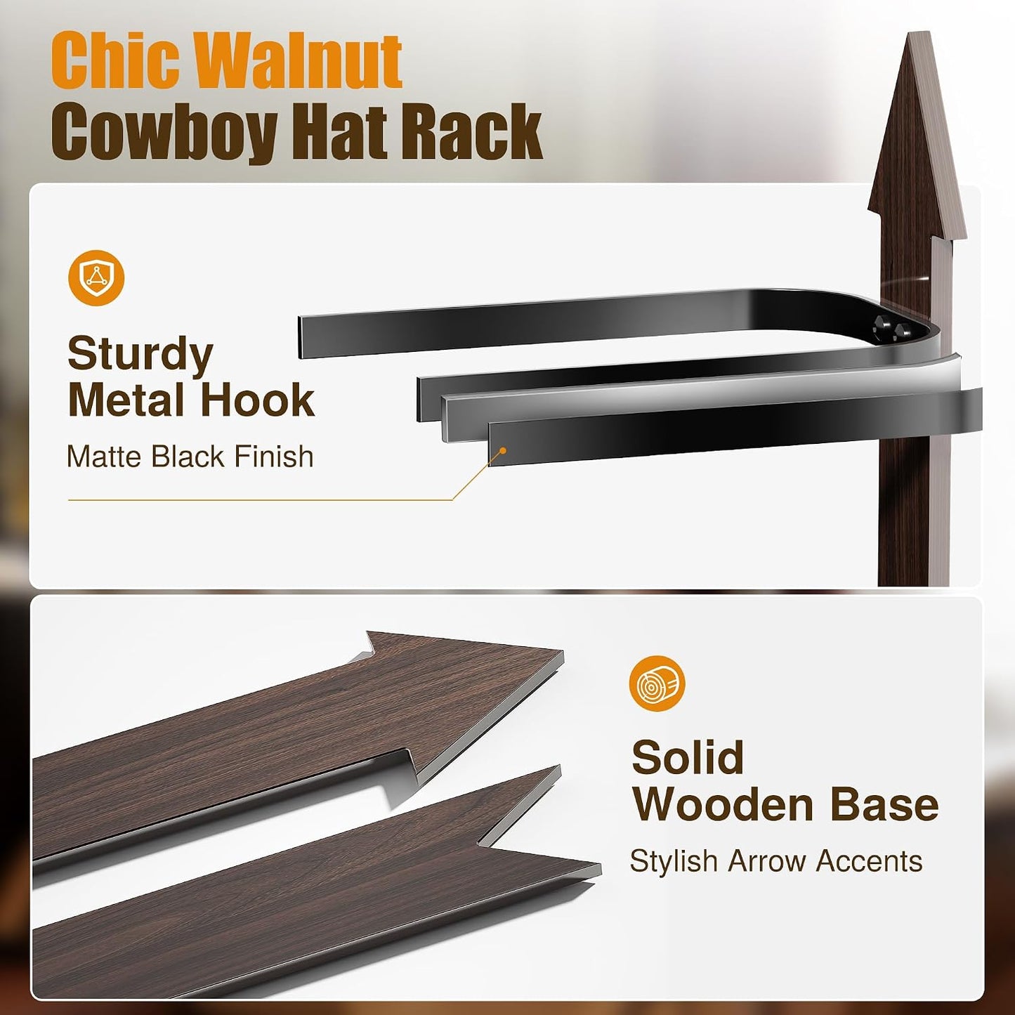 Cowboy Hat Rack Wall Mount - Rustic Wooden Western Metal Cowboy Hat Holder & Hanger Organizer with Arrow Sign Board for Bedroom, Hallway & Doorway - Holds 4 Hats, Fedora, Sun Hats, Gift for Him