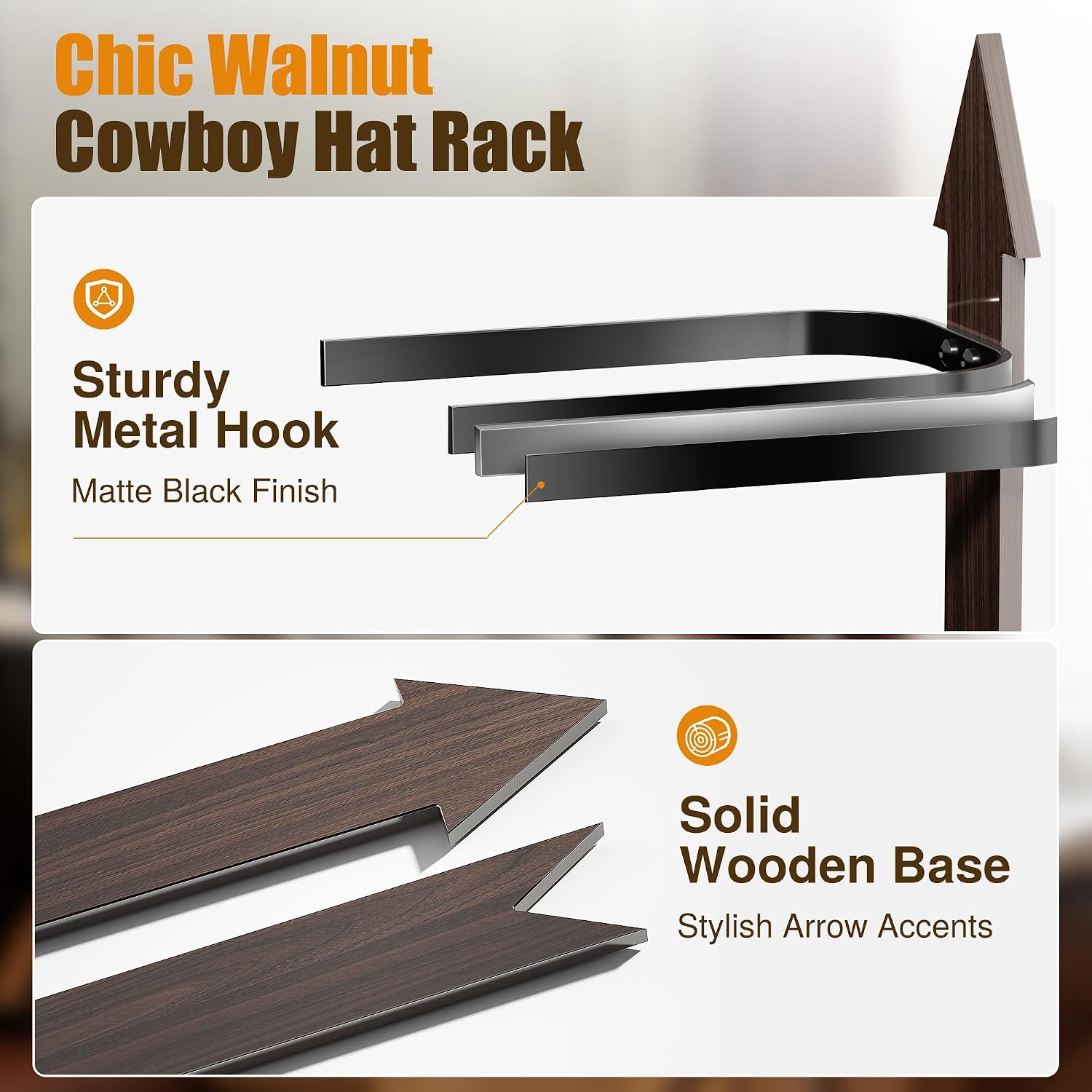 Cowboy Hat Rack Wall Mount - Rustic Wooden Western Metal Cowboy Hat Holder & Hanger Organizer with Arrow Sign Board for Bedroom, Hallway & Doorway - Holds 4 Hats, Fedora, Sun Hats, Gift for Him