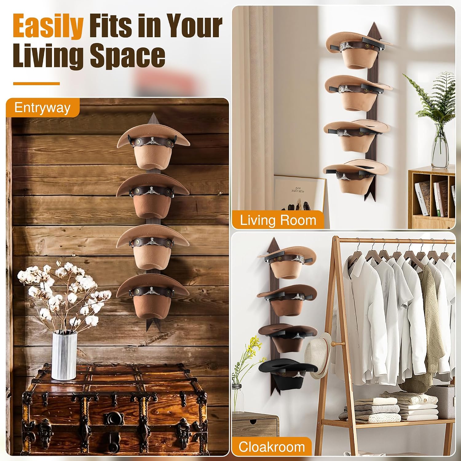 Cowboy Hat Rack Wall Mount - Rustic Wooden Western Metal Cowboy Hat Holder & Hanger Organizer with Arrow Sign Board for Bedroom, Hallway & Doorway - Holds 4 Hats, Fedora, Sun Hats, Gift for Him