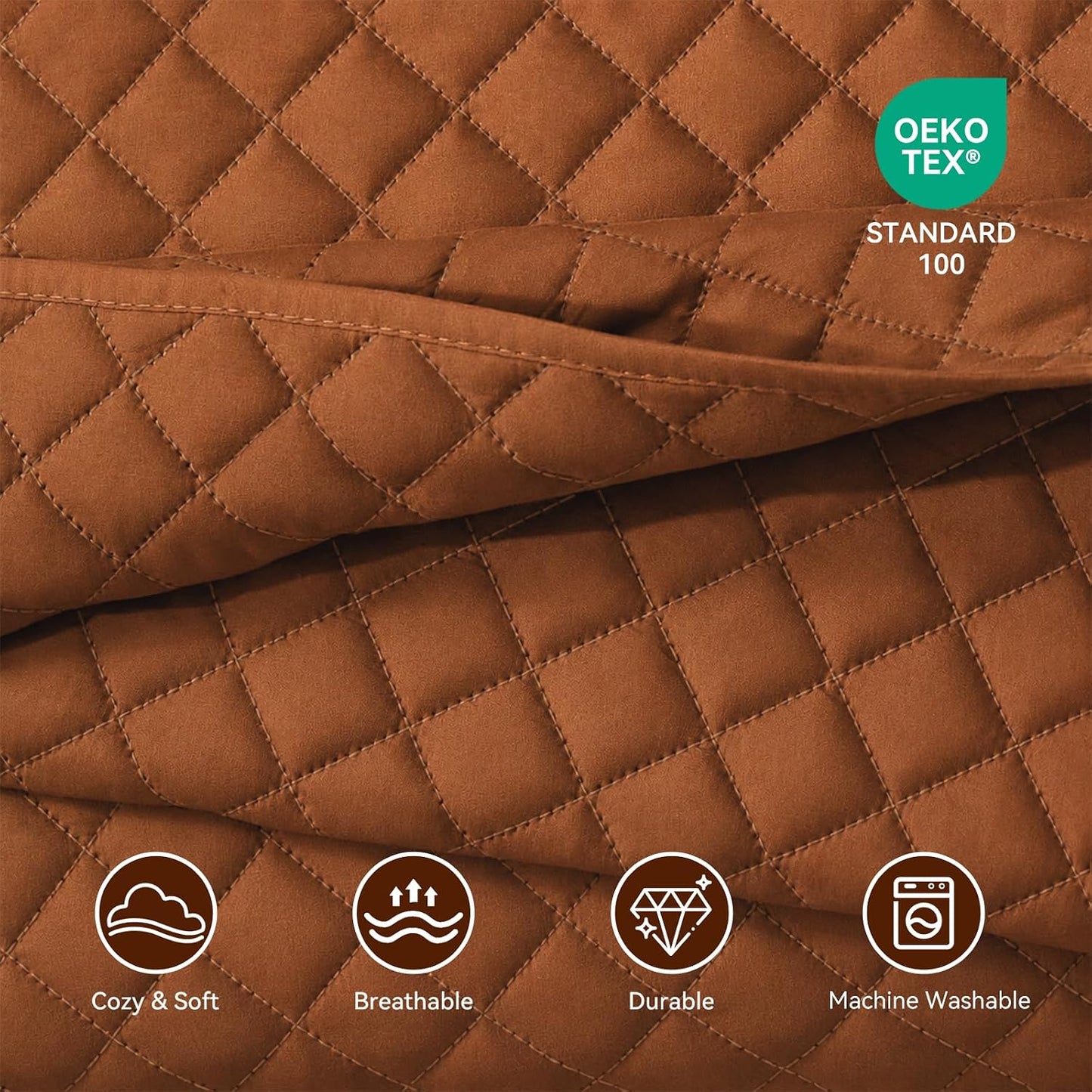 Quilt Set King Brunt Orange, Lightweight Comforter Bedspread Soft Reversible Coverlet King Size for All Season 3Pcs Rust Diamond Quilted Bedding Sets Bed Cover (1 Quilt 2 Pillow Shams)