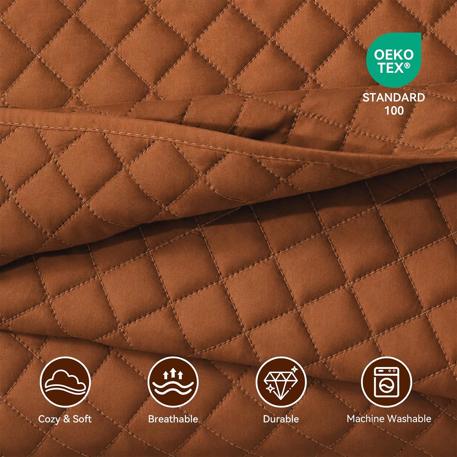 Quilt Set King Brunt Orange, Lightweight Comforter Bedspread Soft Reversible Coverlet King Size for All Season 3Pcs Rust Diamond Quilted Bedding Sets Bed Cover (1 Quilt 2 Pillow Shams)