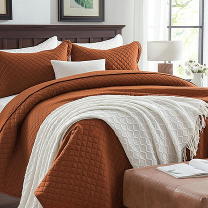 Quilt Set King Brunt Orange, Lightweight Comforter Bedspread Soft Reversible Coverlet King Size for All Season 3Pcs Rust Diamond Quilted Bedding Sets Bed Cover (1 Quilt 2 Pillow Shams)