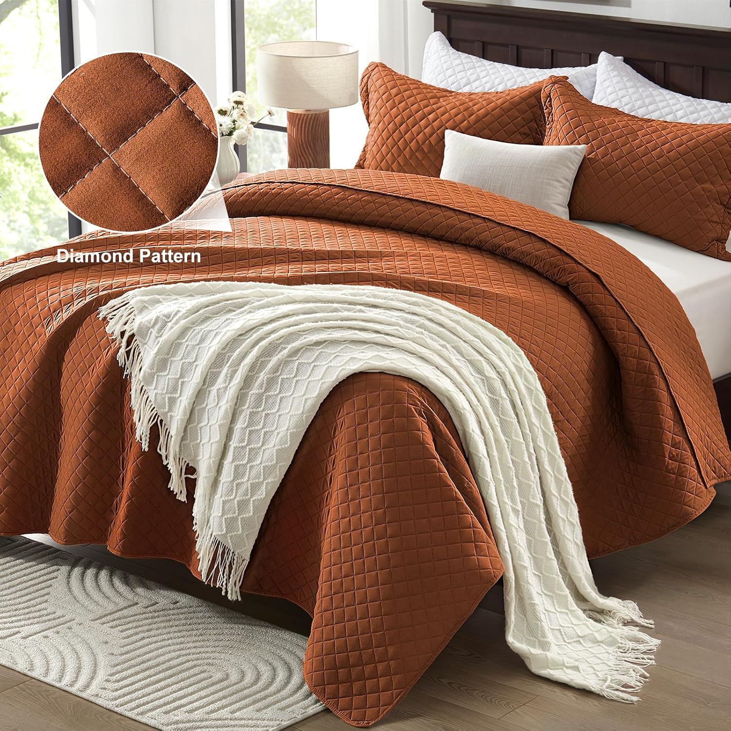 Quilt Set King Brunt Orange, Lightweight Comforter Bedspread Soft Reversible Coverlet King Size for All Season 3Pcs Rust Diamond Quilted Bedding Sets Bed Cover (1 Quilt 2 Pillow Shams)