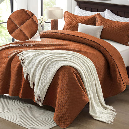 Quilt Set King Brunt Orange, Lightweight Comforter Bedspread Soft Reversible Coverlet King Size for All Season 3Pcs Rust Diamond Quilted Bedding Sets Bed Cover (1 Quilt 2 Pillow Shams)