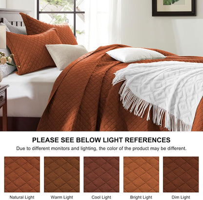 Quilt Set King Brunt Orange, Lightweight Comforter Bedspread Soft Reversible Coverlet King Size for All Season 3Pcs Rust Diamond Quilted Bedding Sets Bed Cover (1 Quilt 2 Pillow Shams)