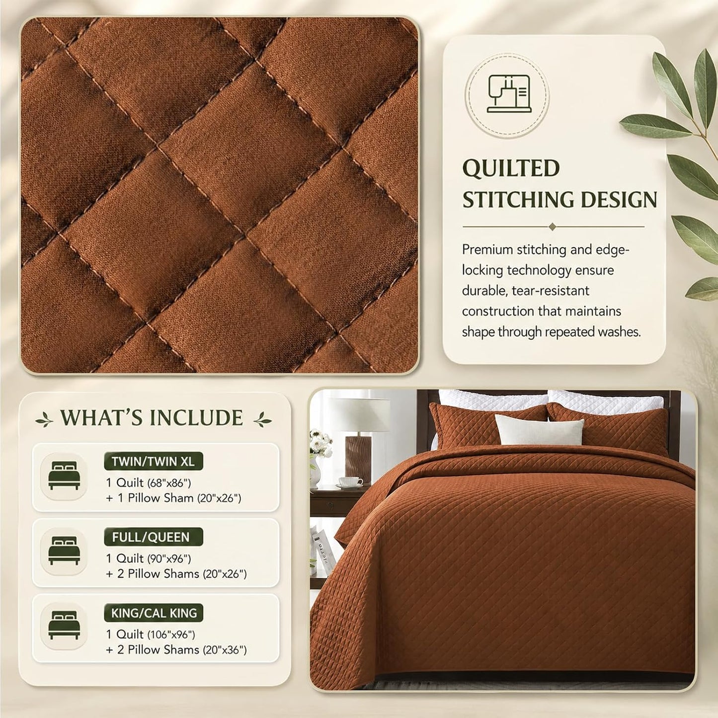 Quilt Set King Brunt Orange, Lightweight Comforter Bedspread Soft Reversible Coverlet King Size for All Season 3Pcs Rust Diamond Quilted Bedding Sets Bed Cover (1 Quilt 2 Pillow Shams)